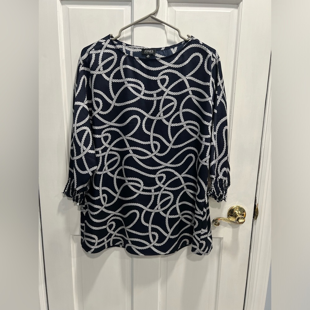 JONES NEW YORK Navy White Rope Nautical Cruise Blouse 3/4 Sleeve SZ XS Pre Loved